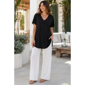 Enza Costa Tunic Top Womens L Black V Neck Short Sleeve Viscose Rayon